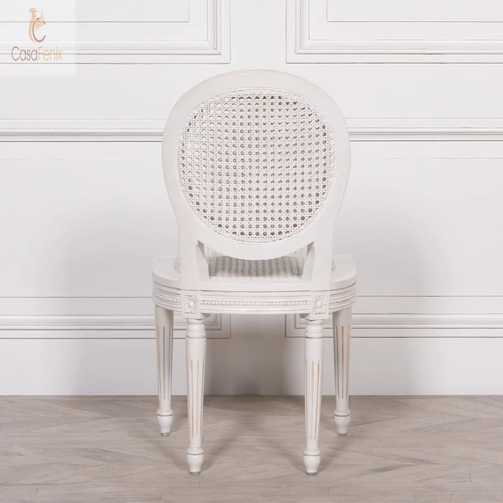White Chateau Carved Dining Chair Rattan Backrest Mahogany Wood - CasaFenix