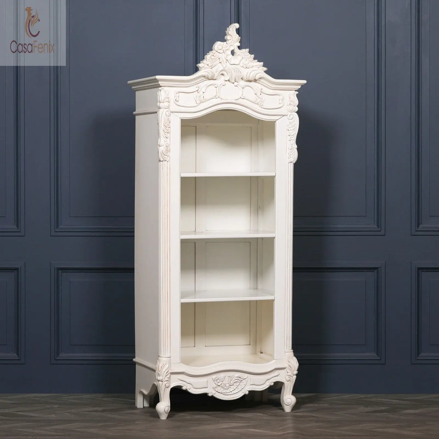 White Heavily Carved Bookcase Mahogany Wood Painted White 207cm High - CasaFenix