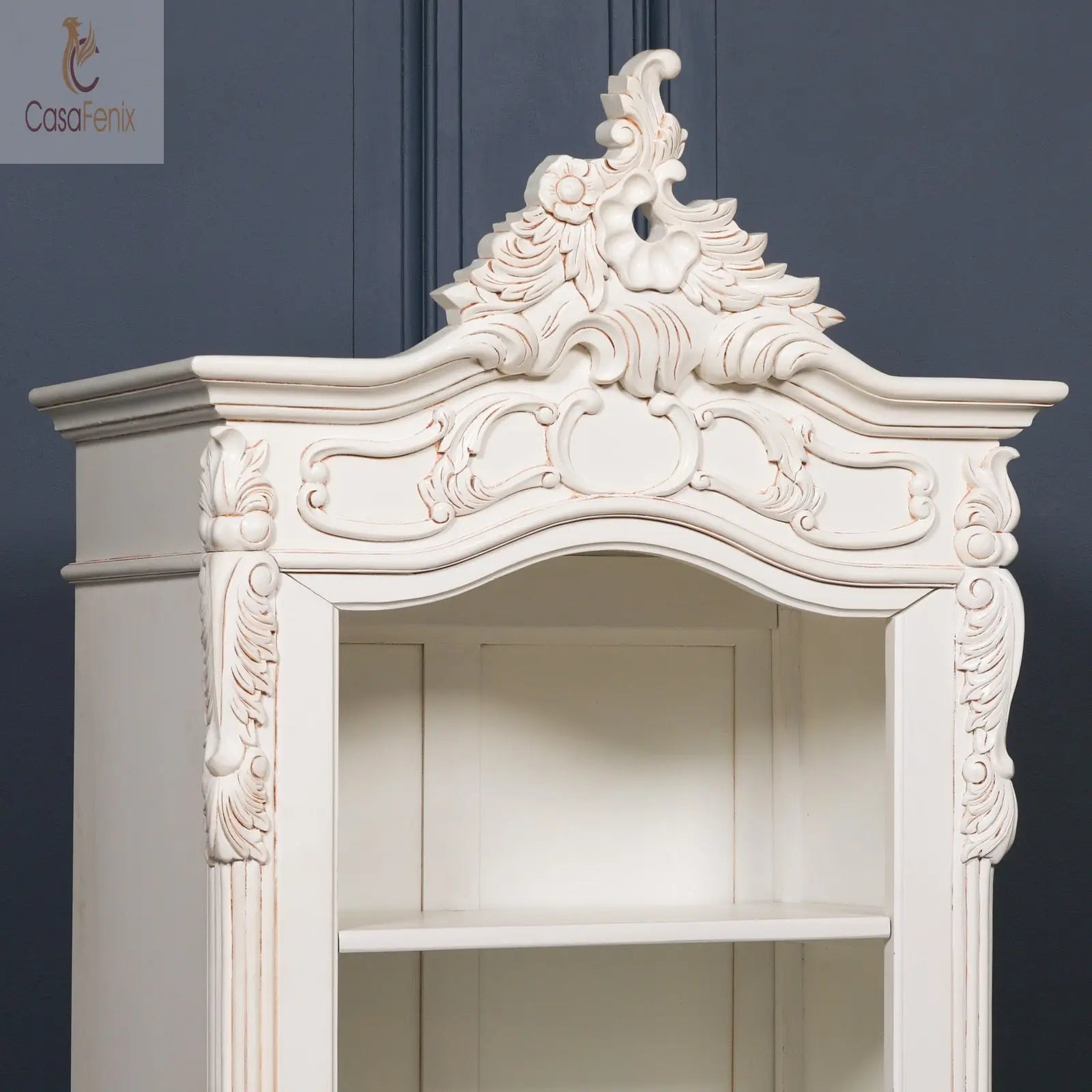 White Heavily Carved Bookcase Mahogany Wood Painted White 207cm High - CasaFenix