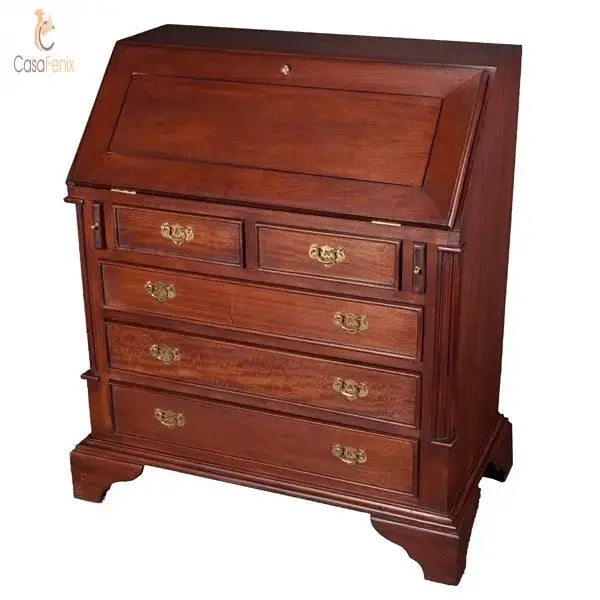 Writing Desk 5 Large Drawer Bureau Solid Mahogany Antique Reproduction - CasaFenix