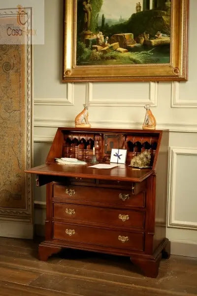 Writing Desk 5 Large Drawer Bureau Solid Mahogany Antique Reproduction CasaFenix