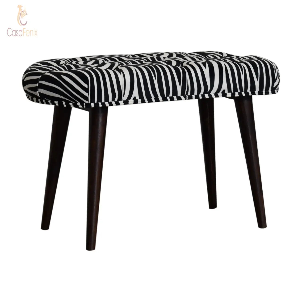 Zebra Print Deep Button Bench Stool Nordic Design Solid Mango Wood - CasaFenix