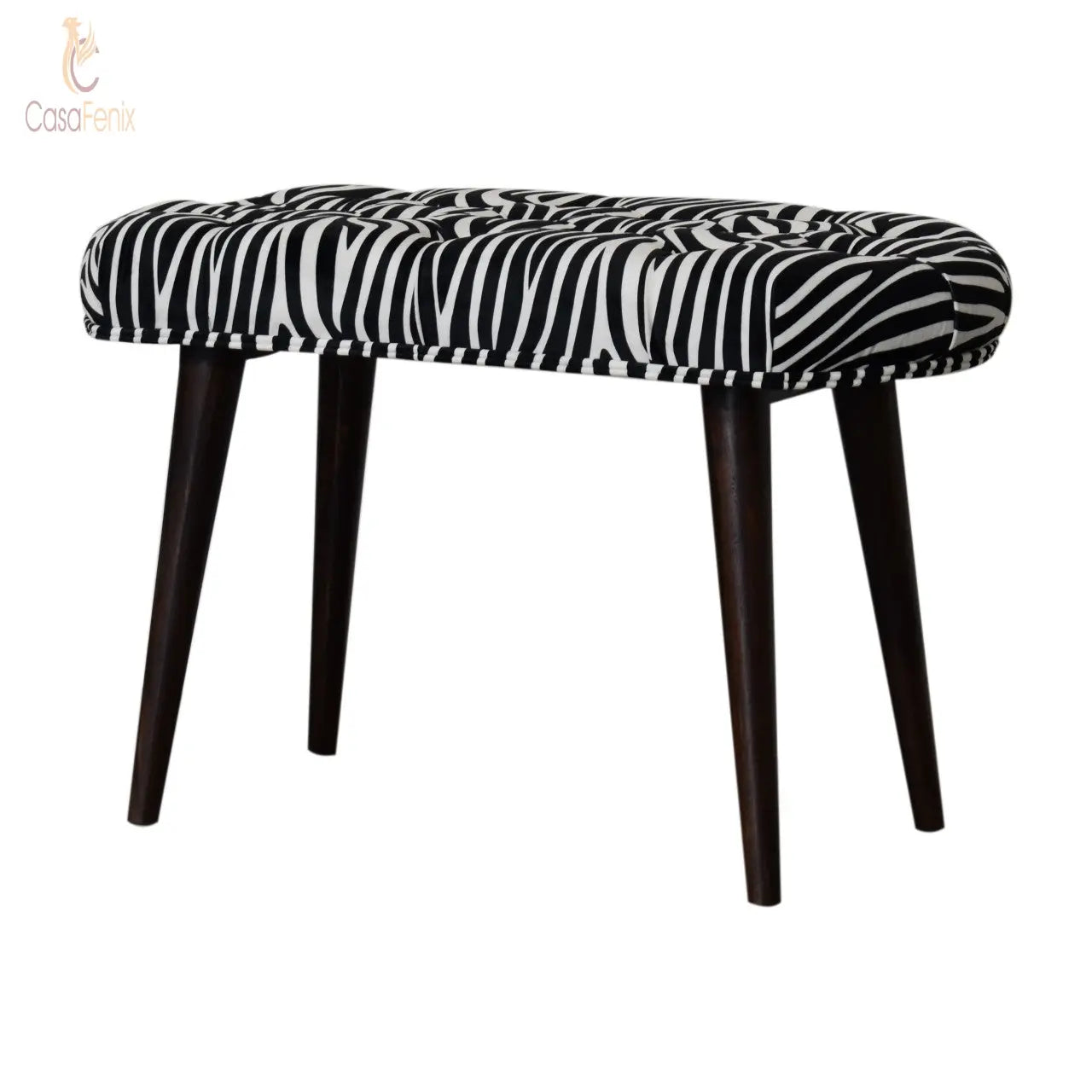 Zebra Print Deep Button Bench Stool Nordic Design Solid Mango Wood - CasaFenix