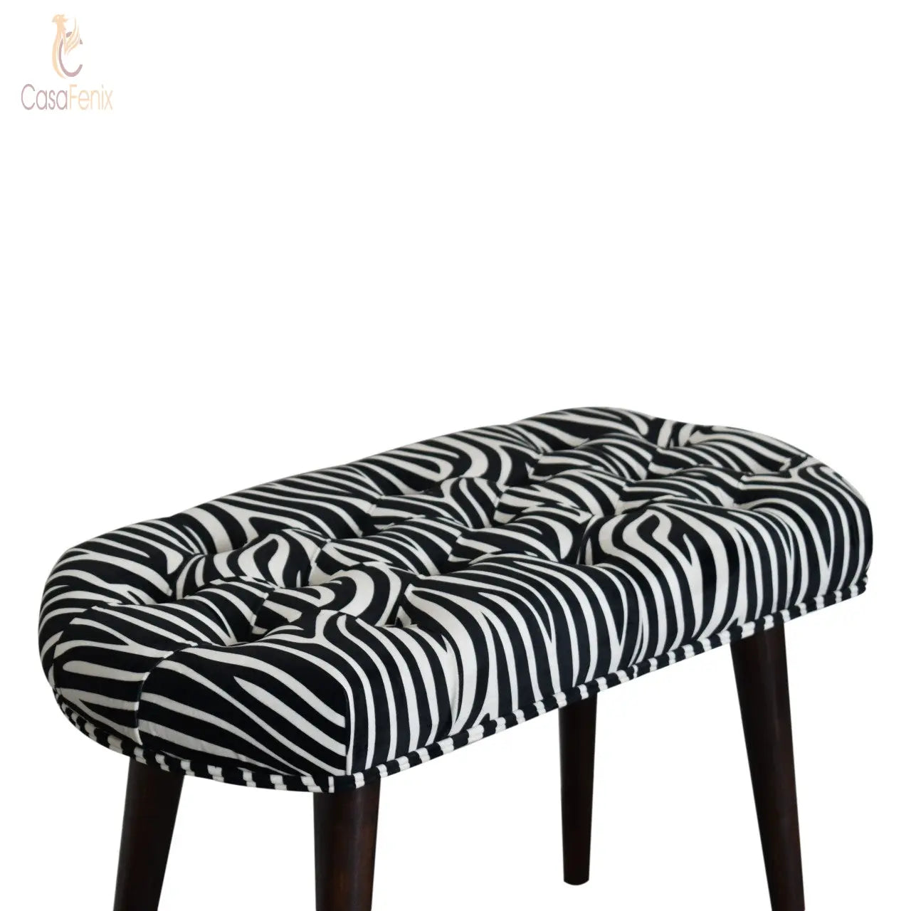 Zebra Print Deep Button Bench Stool Nordic Design Solid Mango Wood - CasaFenix