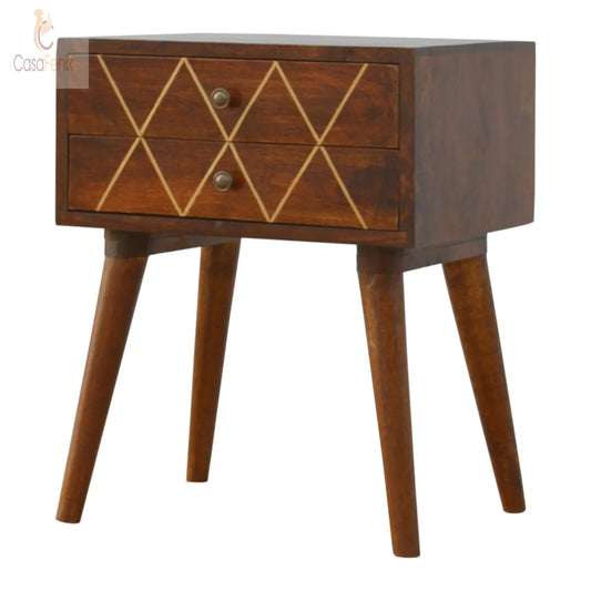 Geometric Brass Inlay 2 Drawer Bedside Chest - CasaFenix