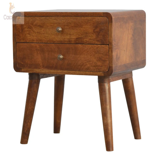 Curved Chestnut Bedside 2 Drawer Solid Mango Wood Nordic Design - CasaFenix