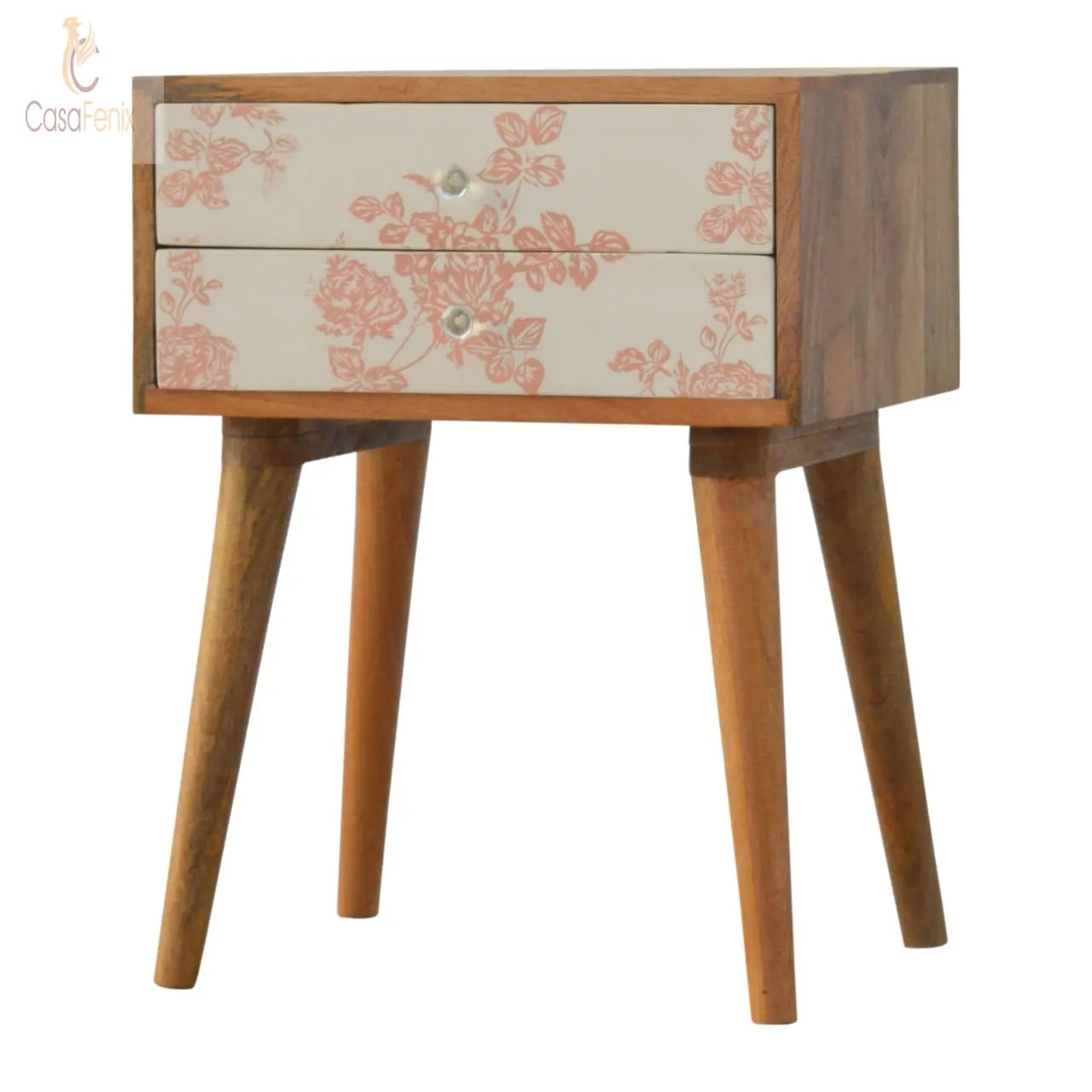 Pink Floral Screen Printed Bedside Table 2 Door Chest - CasaFenix