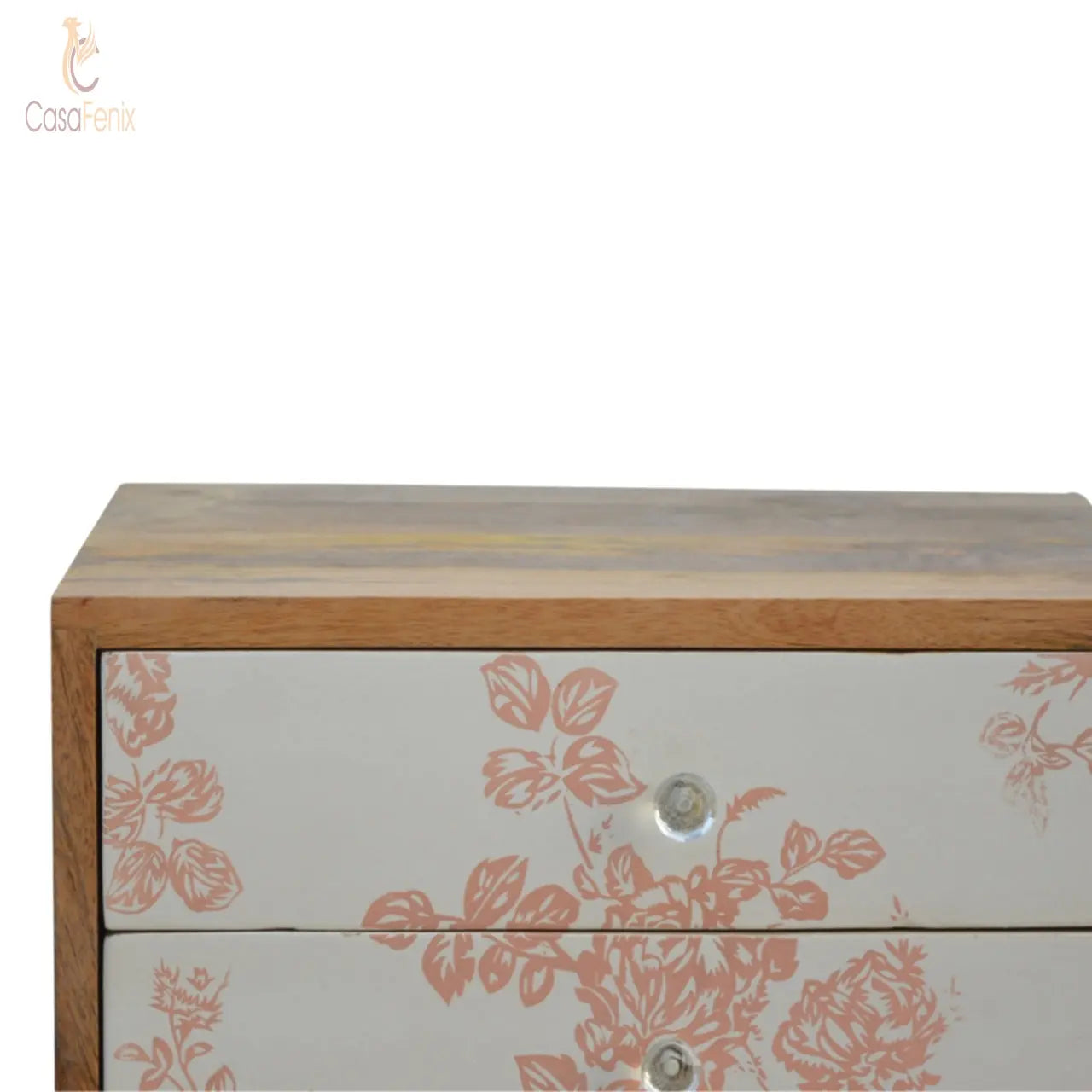 Pink Floral Screen Printed Bedside Table 2 Door Chest - CasaFenix