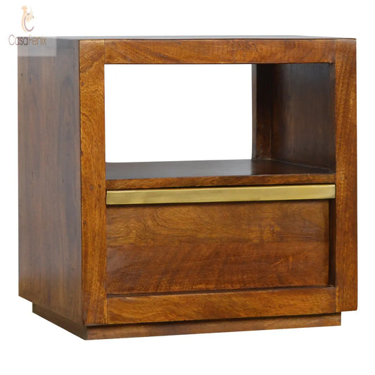 Chestnut Bedside with Gold Bar Fronted Single Drawer - CasaFenix