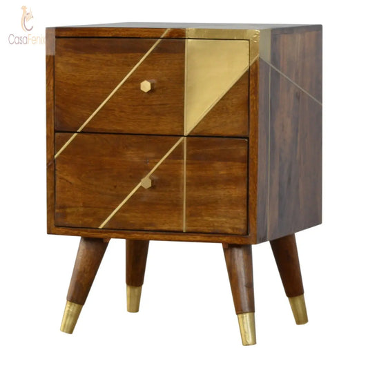 Gold Geometric Chestnut Bedside Brass Inlay Design 2 Drawer Chest - CasaFenix