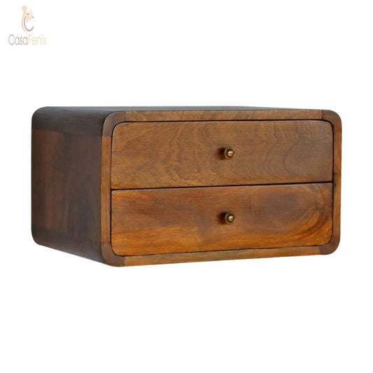 Curved Chestnut Wall Mounted Bedside Table 2 Drawer Chest - CasaFenix