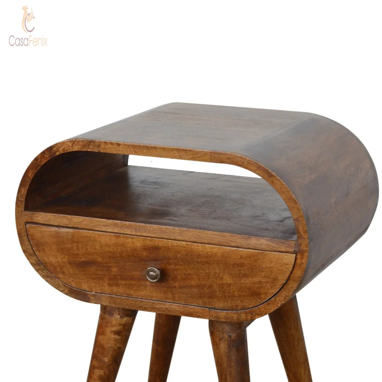 Chestnut Circular Bedside with Open Slot 1 Drawer Chest - CasaFenix