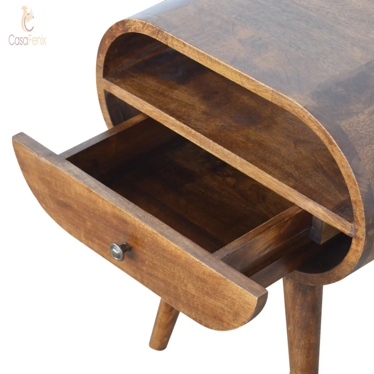 Chestnut Circular Bedside with Open Slot 1 Drawer Chest - CasaFenix