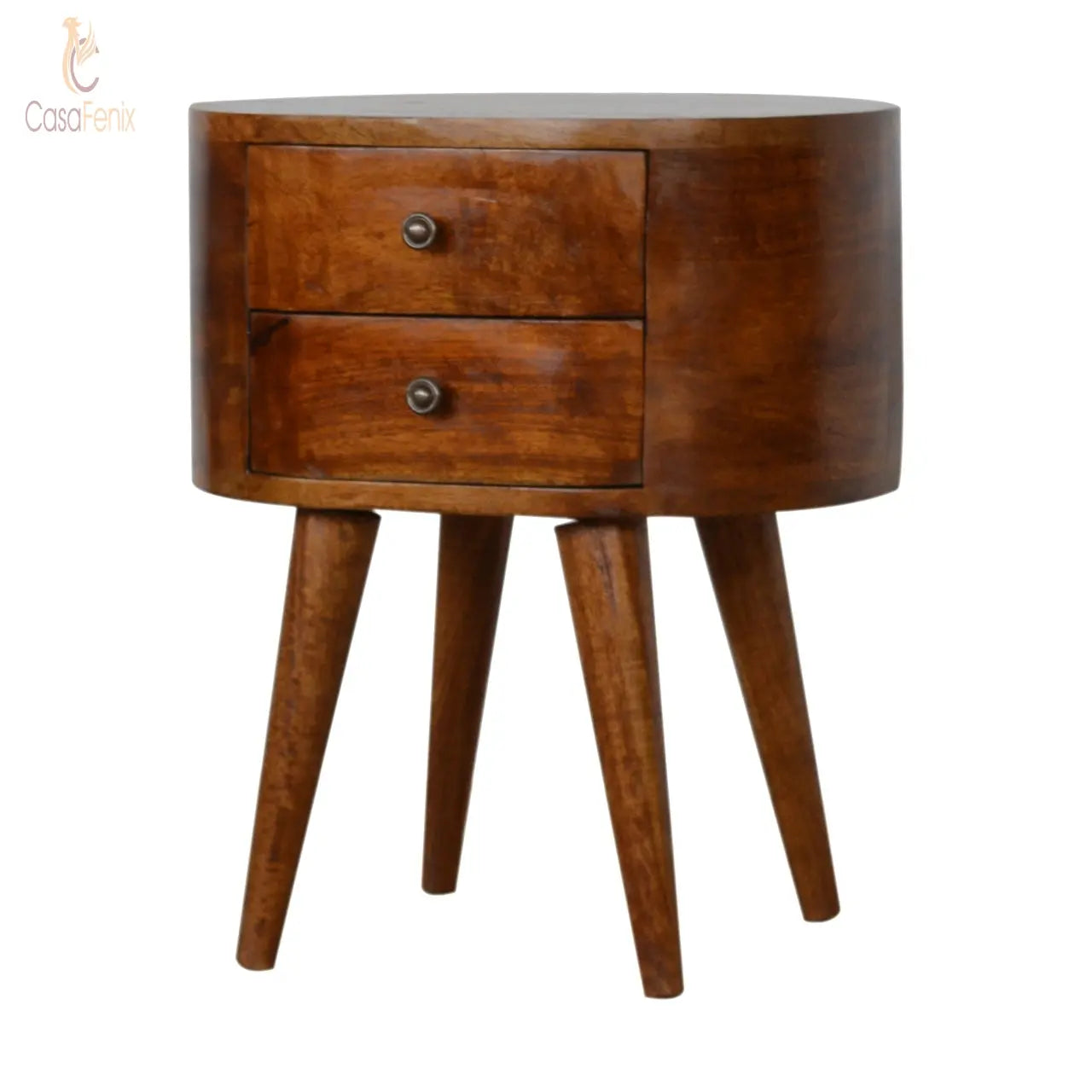 Chestnut Rounded Bedside Table 2 Drawer Solid Wood Chest - CasaFenix