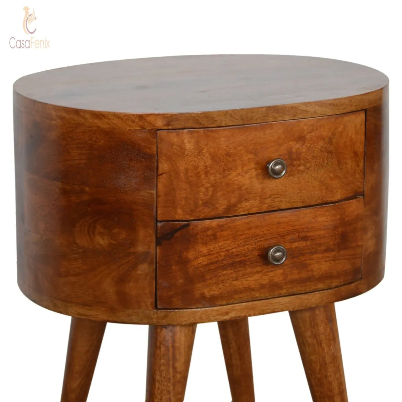 Chestnut Rounded Bedside Table 2 Drawer Solid Wood Chest - CasaFenix