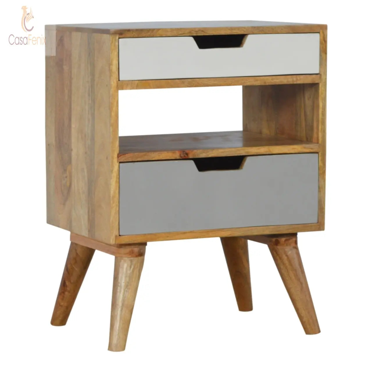 Grey and White Cut-out Bedside 2 Drawer Chest Solid Mango Wood - CasaFenix