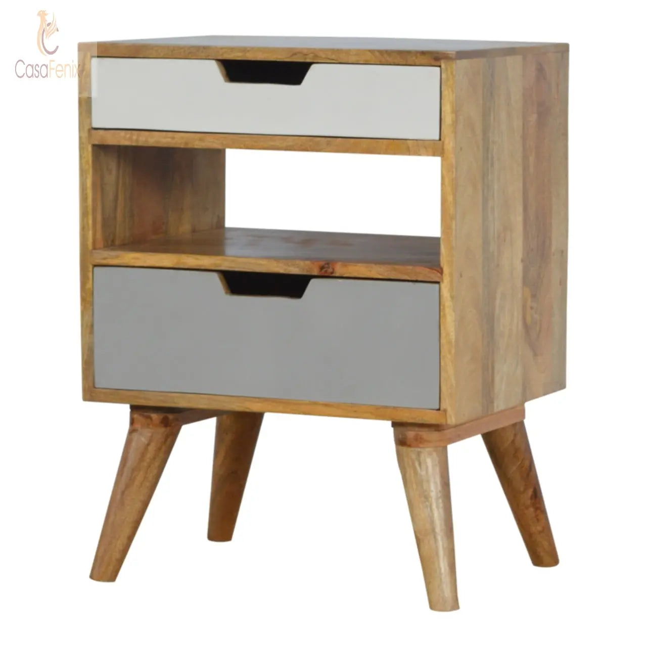 Grey and White Cut-out Bedside 2 Drawer Chest Solid Mango Wood - CasaFenix