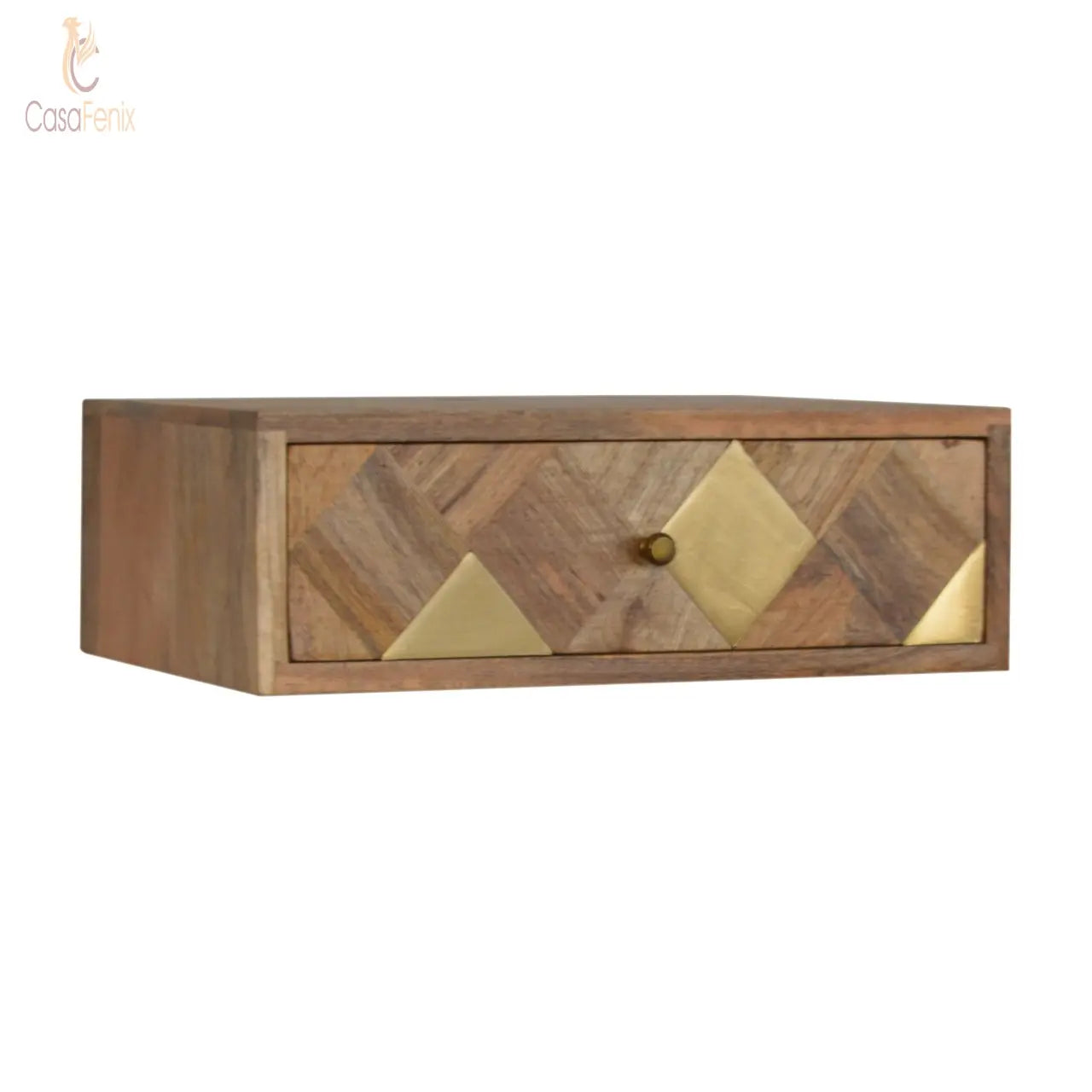 Wall Mounted Brass Inlay Bedside 100% solid mango wood in an oak-ish finish - CasaFenix