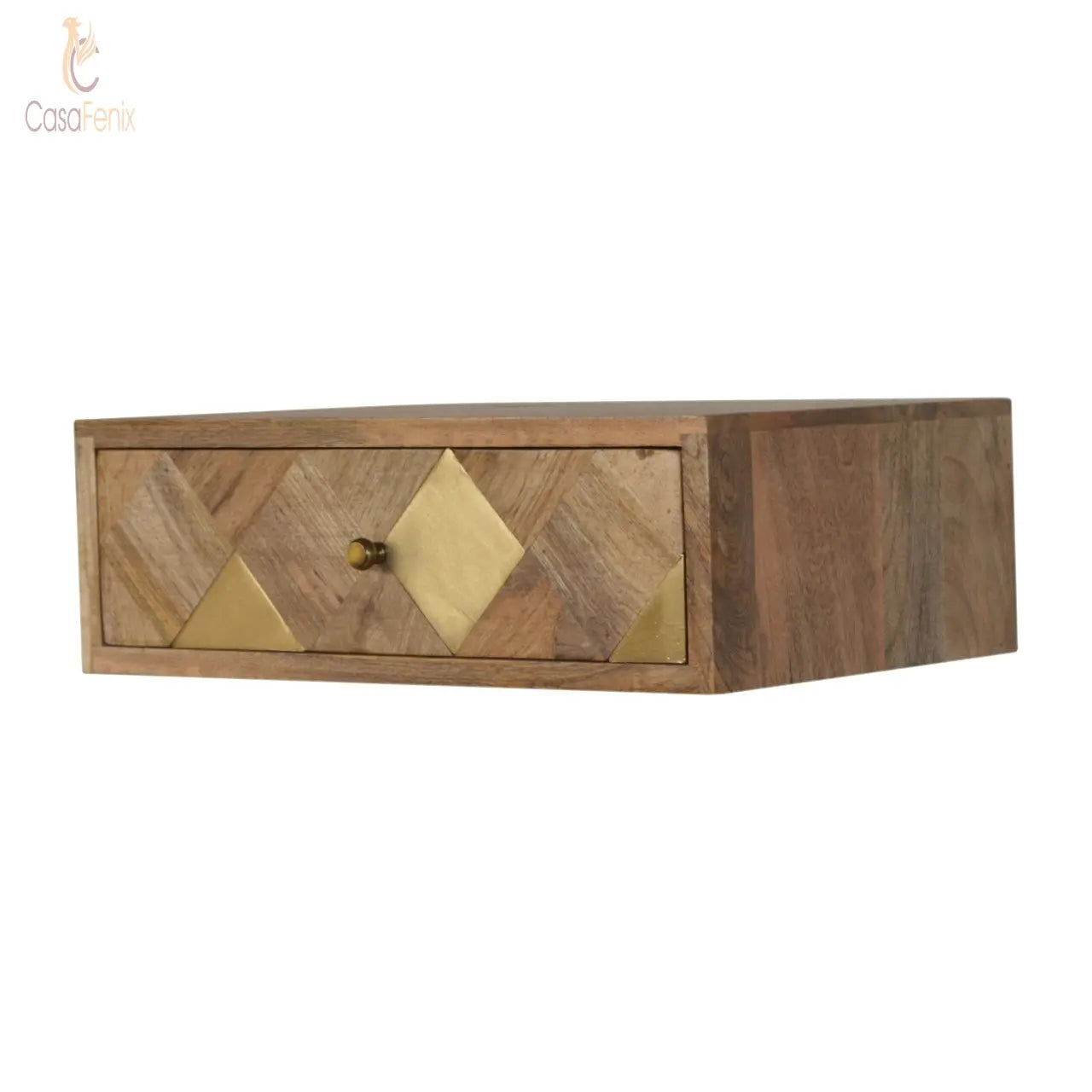 Wall Mounted Brass Inlay Bedside 100% solid mango wood in an oak-ish finish - CasaFenix