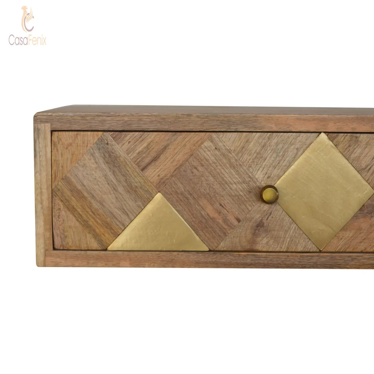 Wall Mounted Brass Inlay Bedside 100% solid mango wood in an oak-ish finish - CasaFenix