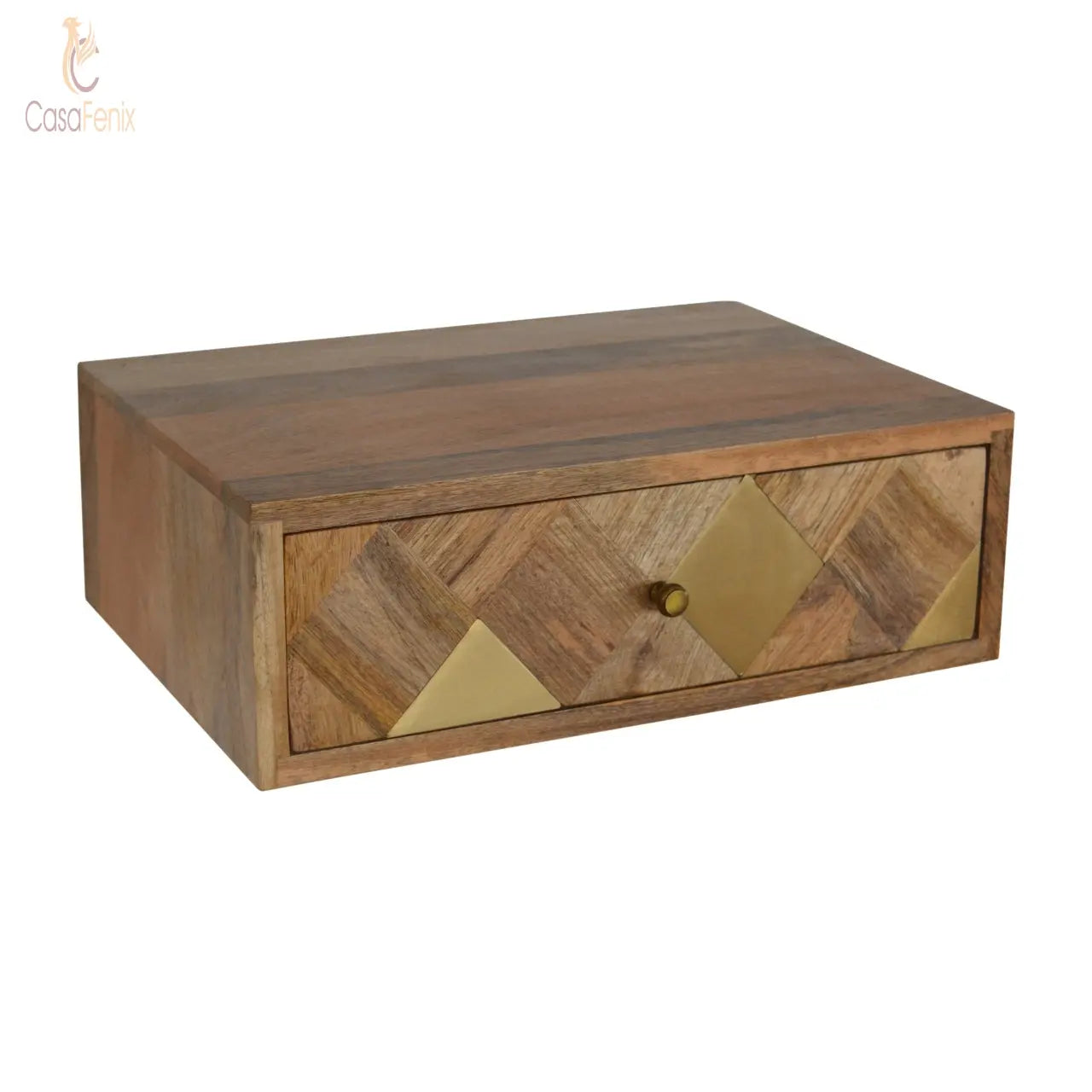 Wall Mounted Brass Inlay Bedside 100% solid mango wood in an oak-ish finish - CasaFenix