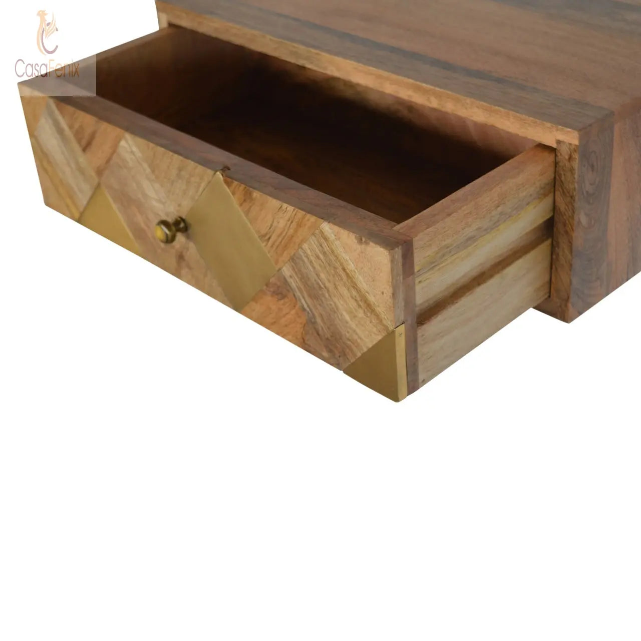 Wall Mounted Brass Inlay Bedside 100% solid mango wood in an oak-ish finish - CasaFenix