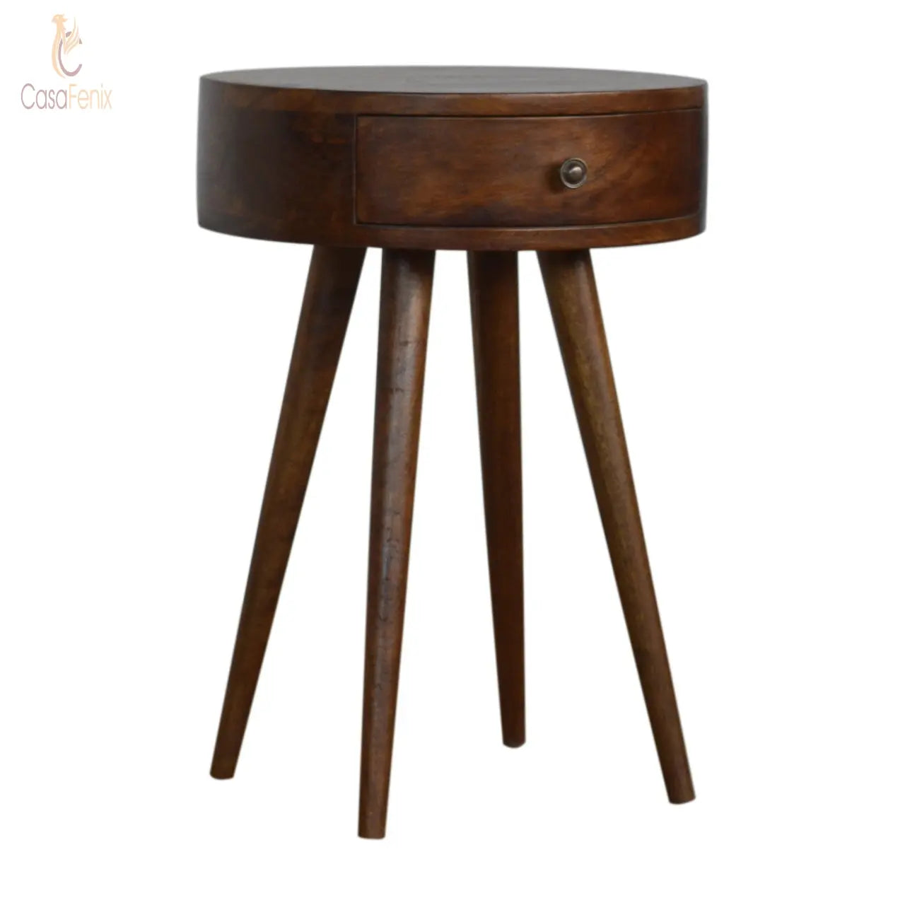 Nordic Chestnut Circular Shaped Bedside 100% solid mango wood in a chestnut finish - CasaFenix