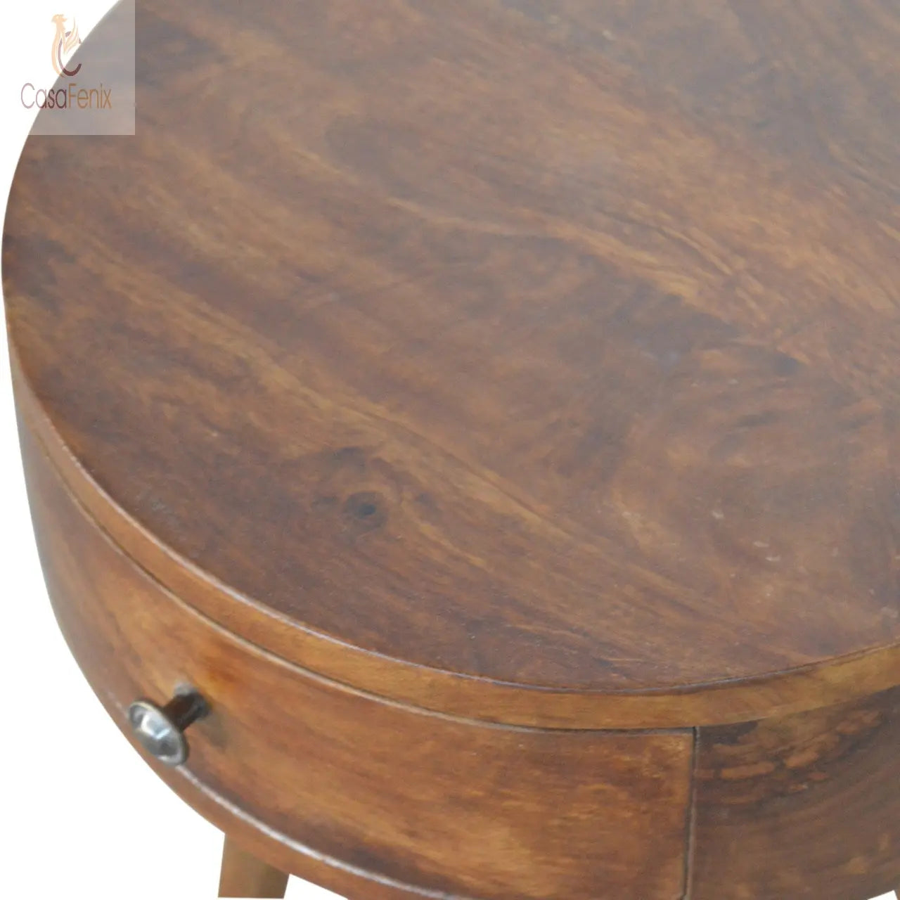 Nordic Chestnut Circular Shaped Bedside 100% solid mango wood in a chestnut finish - CasaFenix