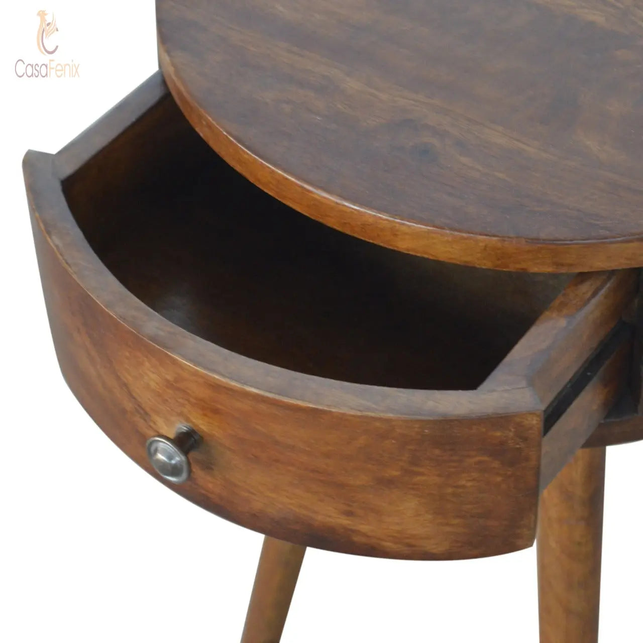 Nordic Chestnut Circular Shaped Bedside 100% solid mango wood in a chestnut finish - CasaFenix