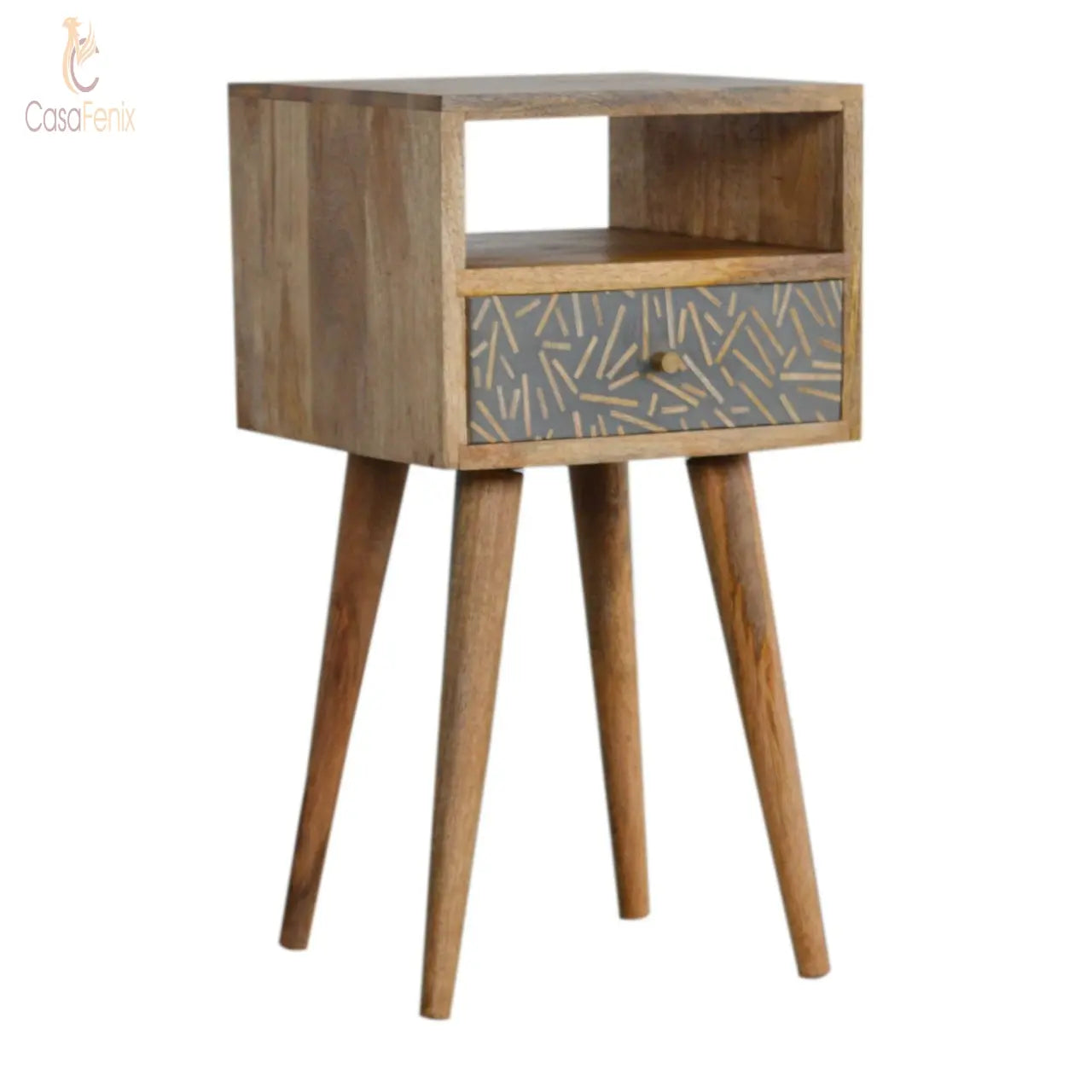 Small Wood Chip Cement 1 Drawer Bedside 100% solid mango wood and has a oak-ish finish - CasaFenix