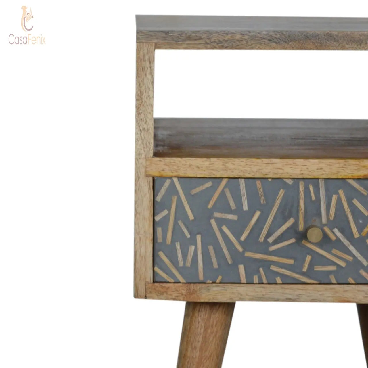 Small Wood Chip Cement 1 Drawer Bedside 100% solid mango wood and has a oak-ish finish - CasaFenix