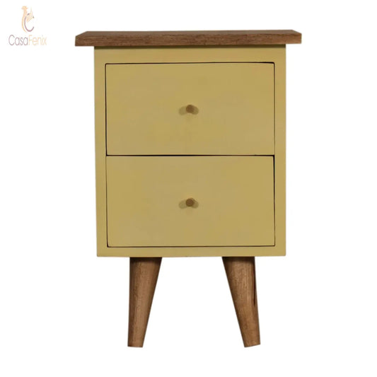 Light Yellow Hand Painted 2 Drawer Nordic Style Bedside Chest Solid Mango Wood - CasaFenix