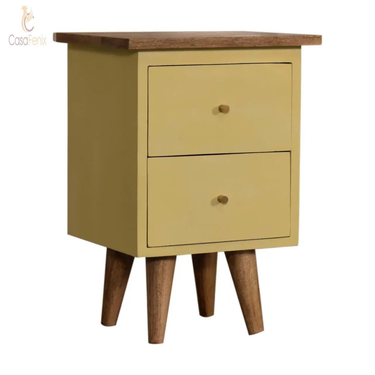 Light Yellow Hand Painted 2 Drawer Nordic Style Bedside Chest Solid Mango Wood - CasaFenix