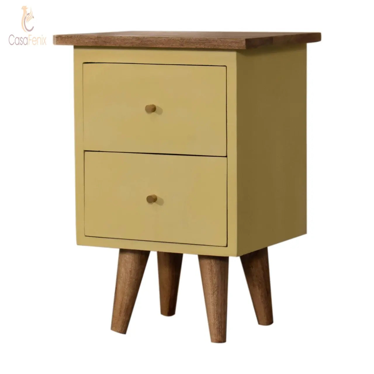 Light Yellow Hand Painted 2 Drawer Nordic Style Bedside Chest Solid Mango Wood - CasaFenix