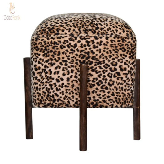 Leopard Print Footstool with Solid Mango Wood Legs - CasaFenix