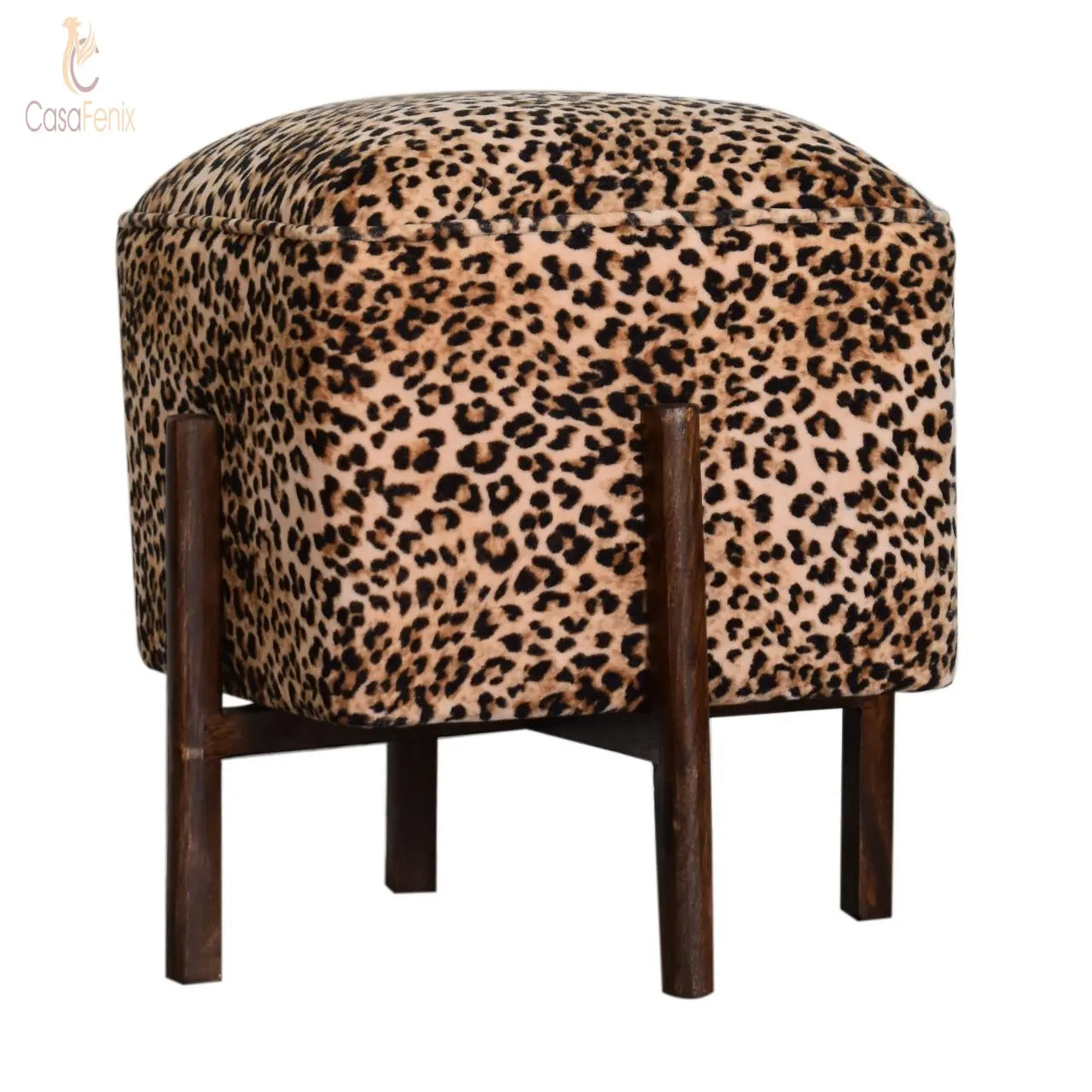 Leopard Print Footstool with Solid Mango Wood Legs - CasaFenix