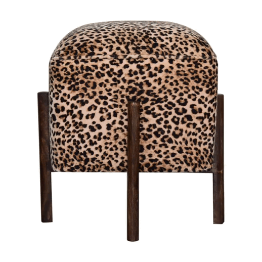 Leopard Print Footstool with Solid Mango Wood Legs - CasaFenix