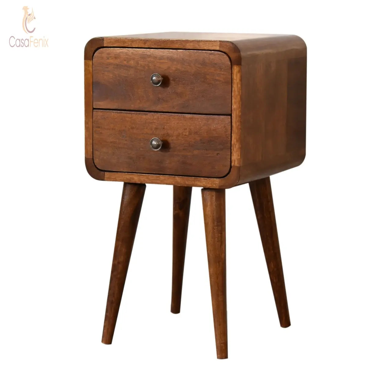 Mini Chestnut Curved Bedside Table 2 Drawer Chest Mango Wood - CasaFenix