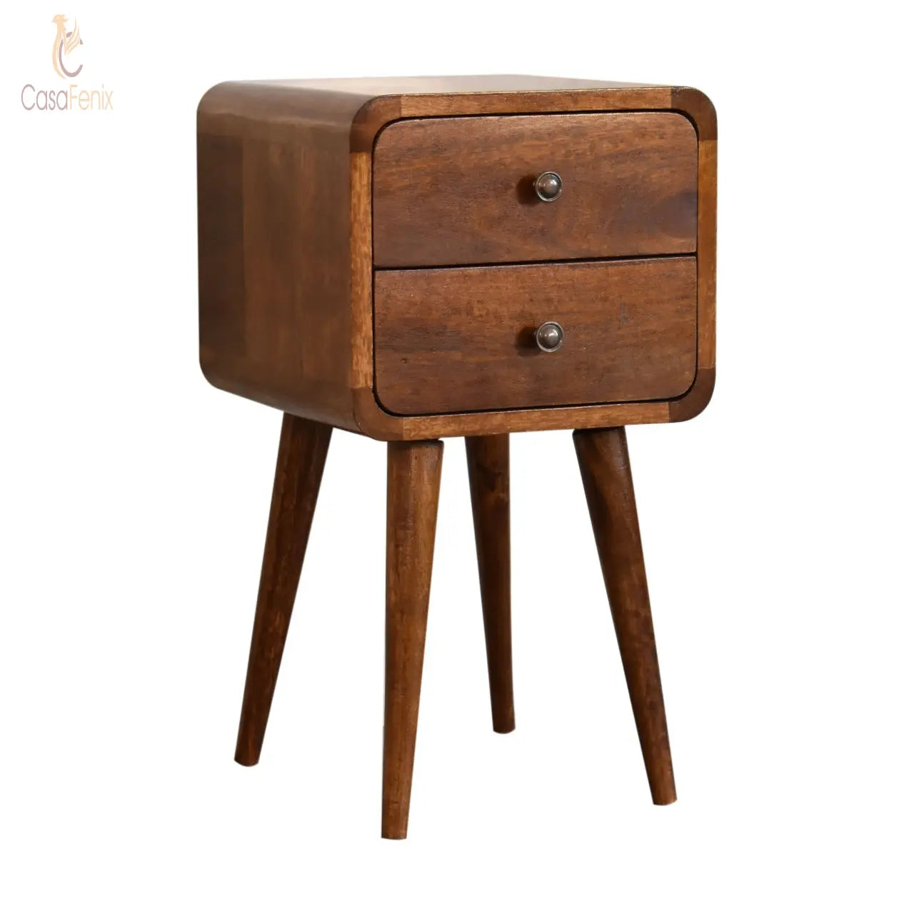 Mini Chestnut Curved Bedside Table 2 Drawer Chest Mango Wood - CasaFenix