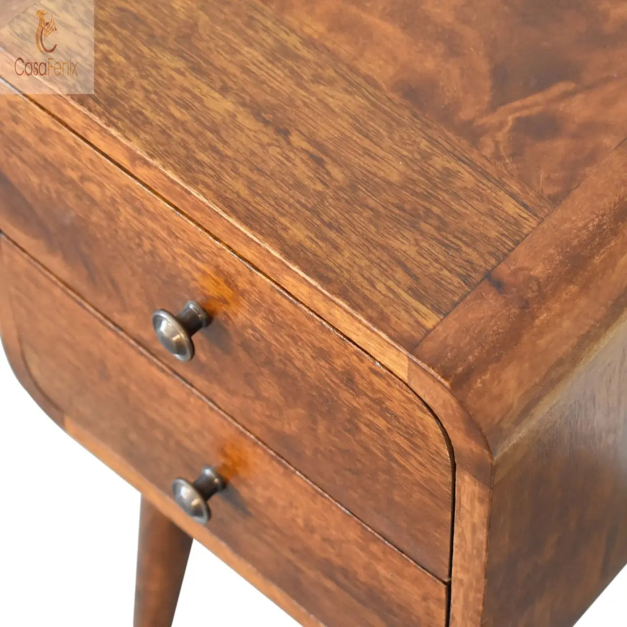 Mini Chestnut Curved Bedside Table 2 Drawer Chest Mango Wood - CasaFenix