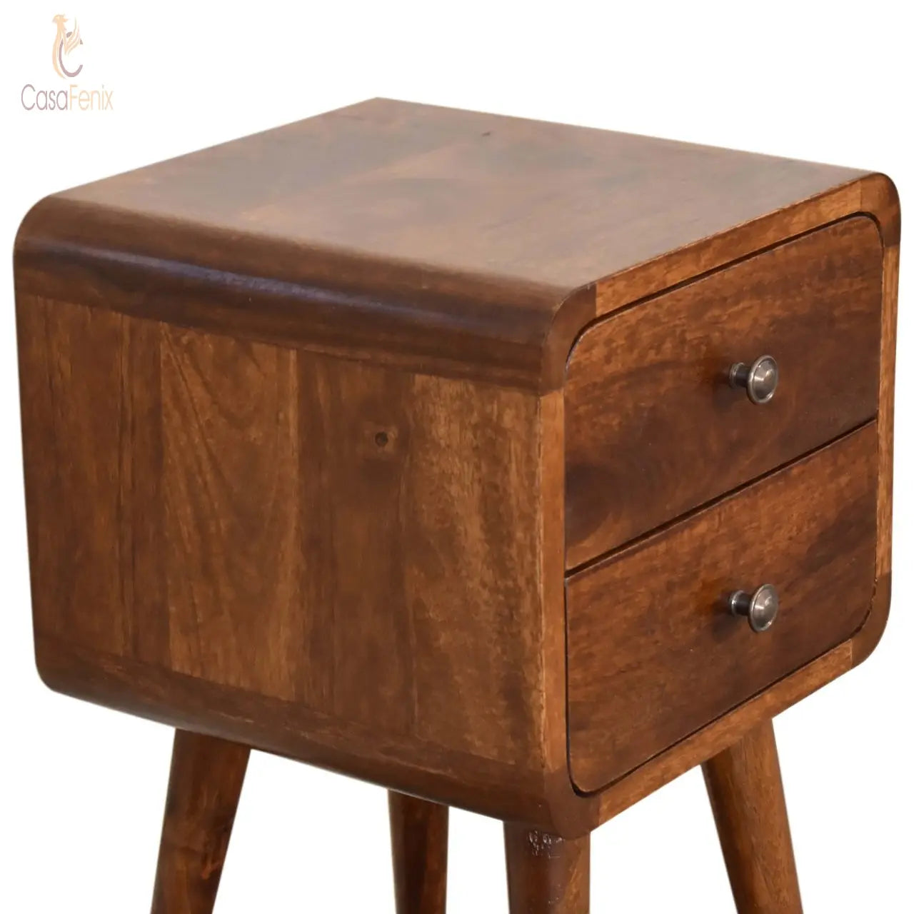 Mini Chestnut Curved Bedside Table 2 Drawer Chest Mango Wood - CasaFenix