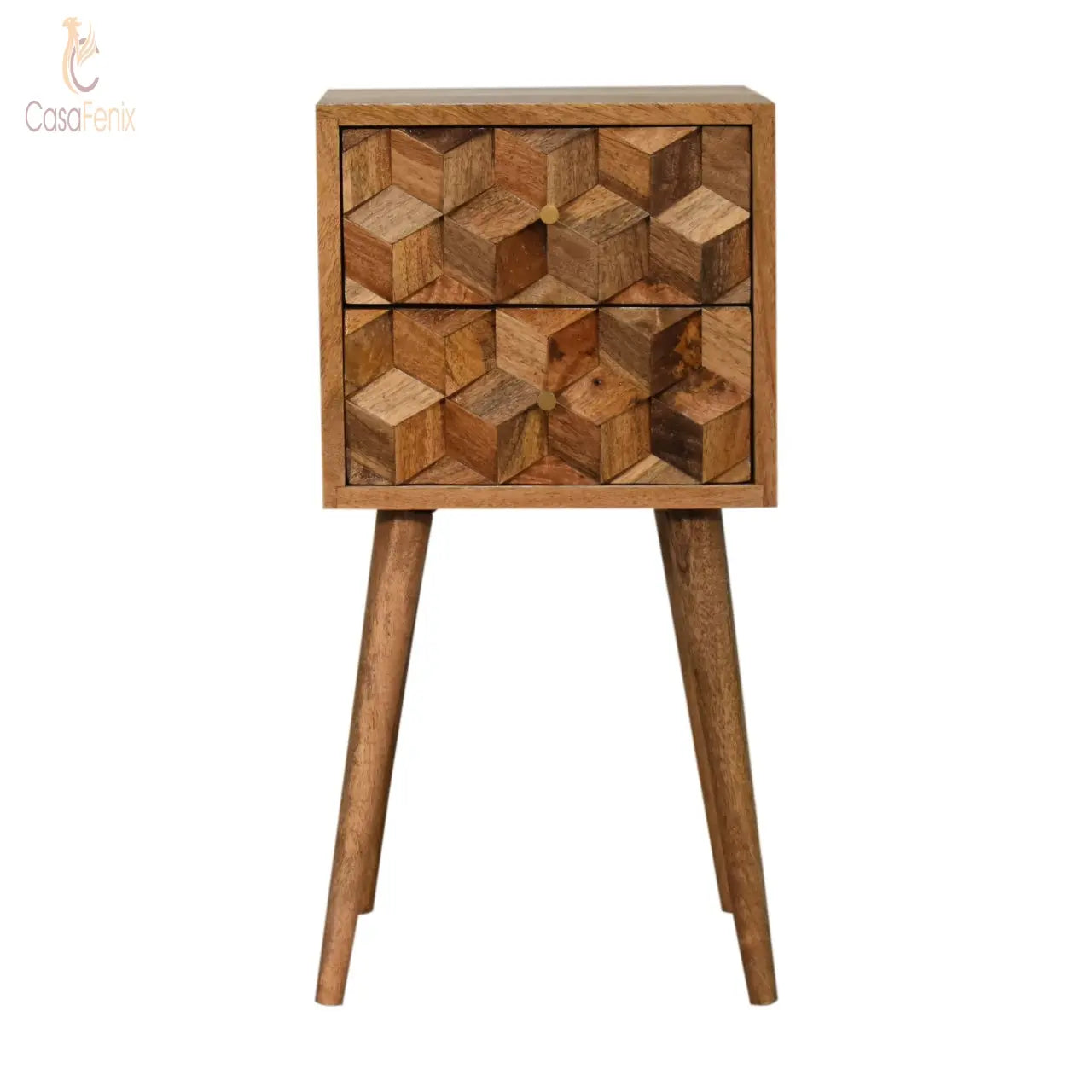 Mini Cube Carved 2 Drawer Bedside Table 2 Drawer Chest Solid Mango Wood - CasaFenix