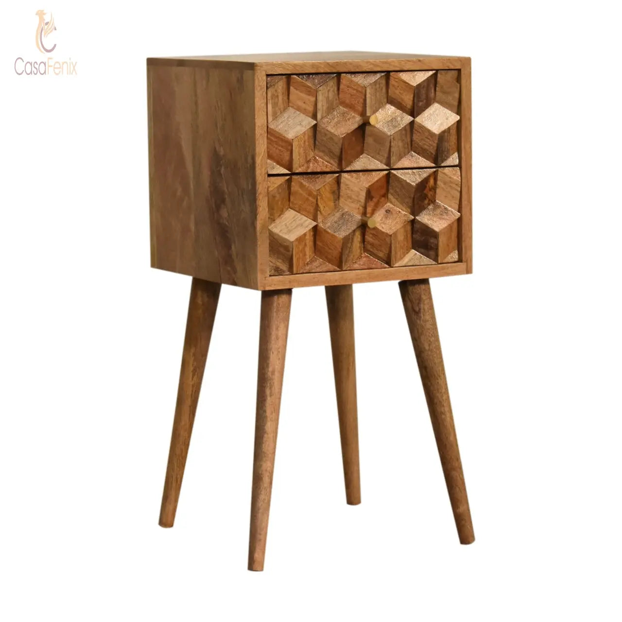 Mini Cube Carved 2 Drawer Bedside Table 2 Drawer Chest Solid Mango Wood - CasaFenix