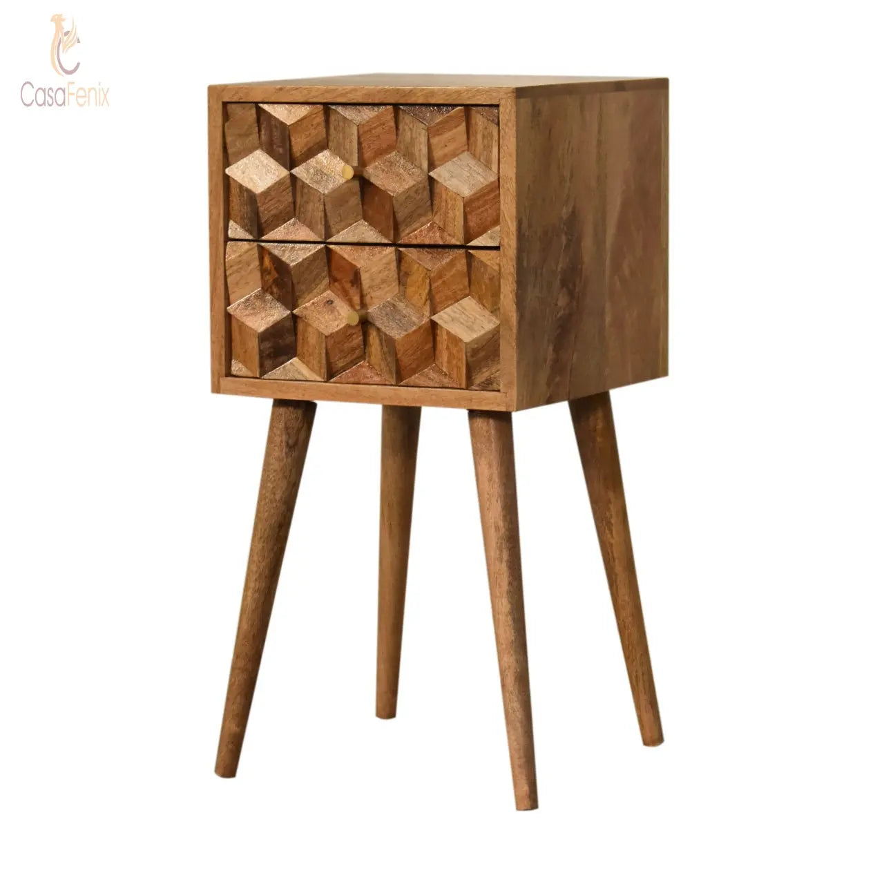 Mini Cube Carved 2 Drawer Bedside Table 2 Drawer Chest Solid Mango Wood - CasaFenix