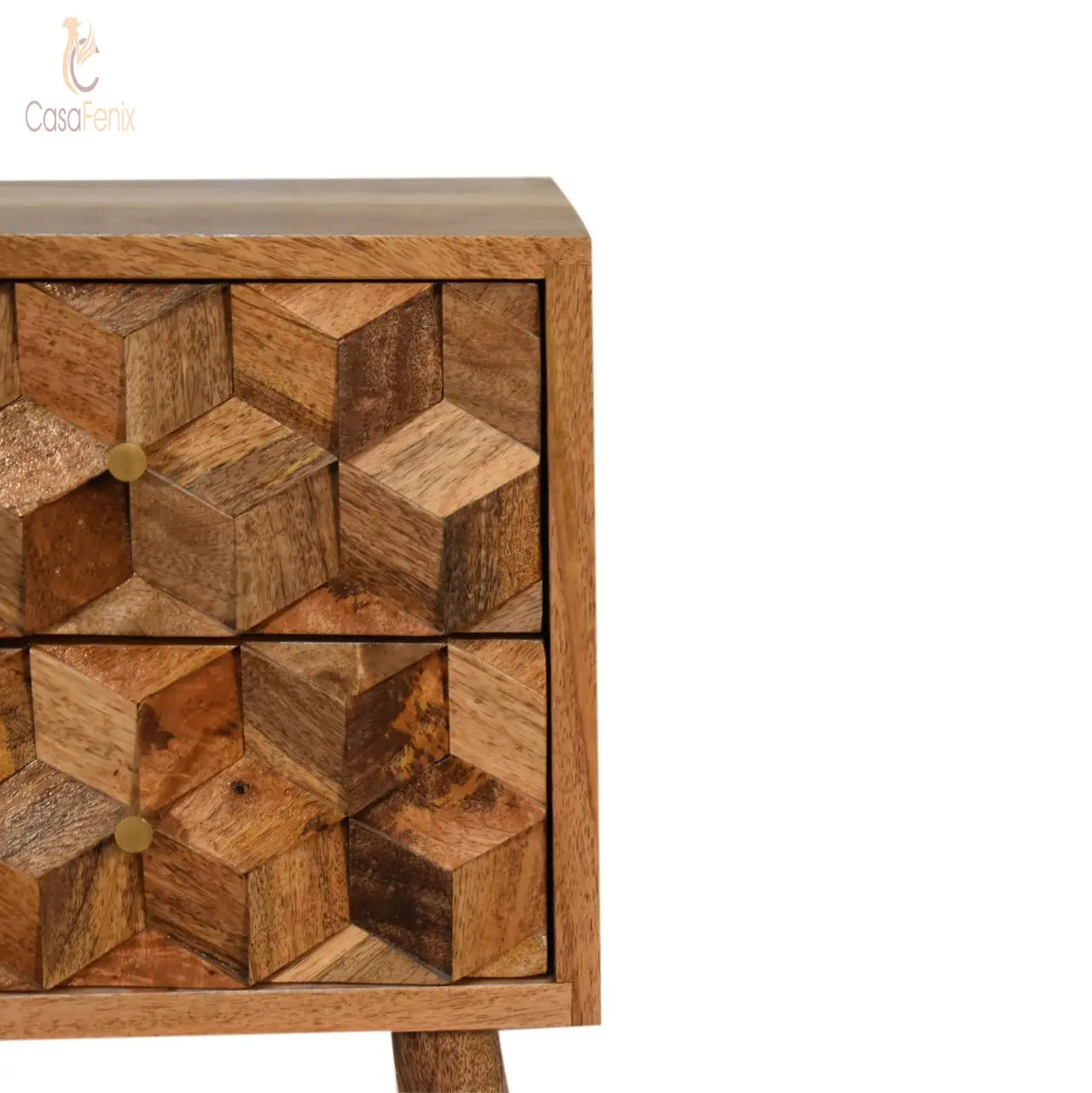 Mini Cube Carved 2 Drawer Bedside Table 2 Drawer Chest Solid Mango Wood - CasaFenix