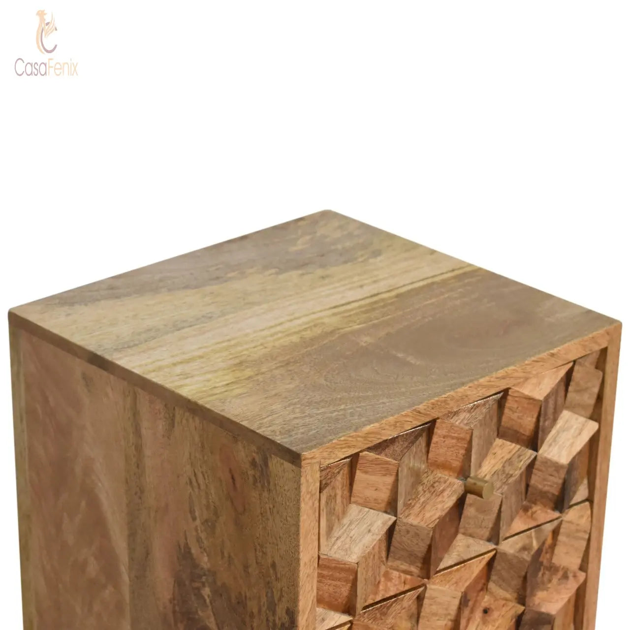 Mini Cube Carved 2 Drawer Bedside Table 2 Drawer Chest Solid Mango Wood - CasaFenix