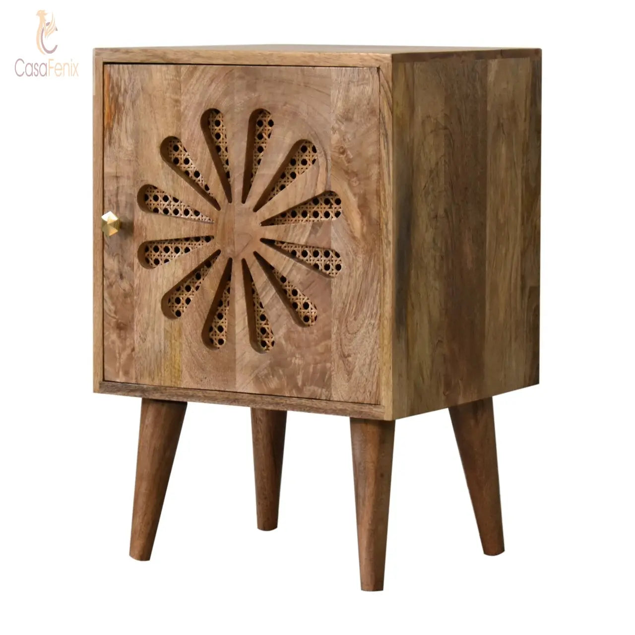 Rosalie Bedside Carved Door with Rattan Panels Nordic Design Mango Wood - CasaFenix