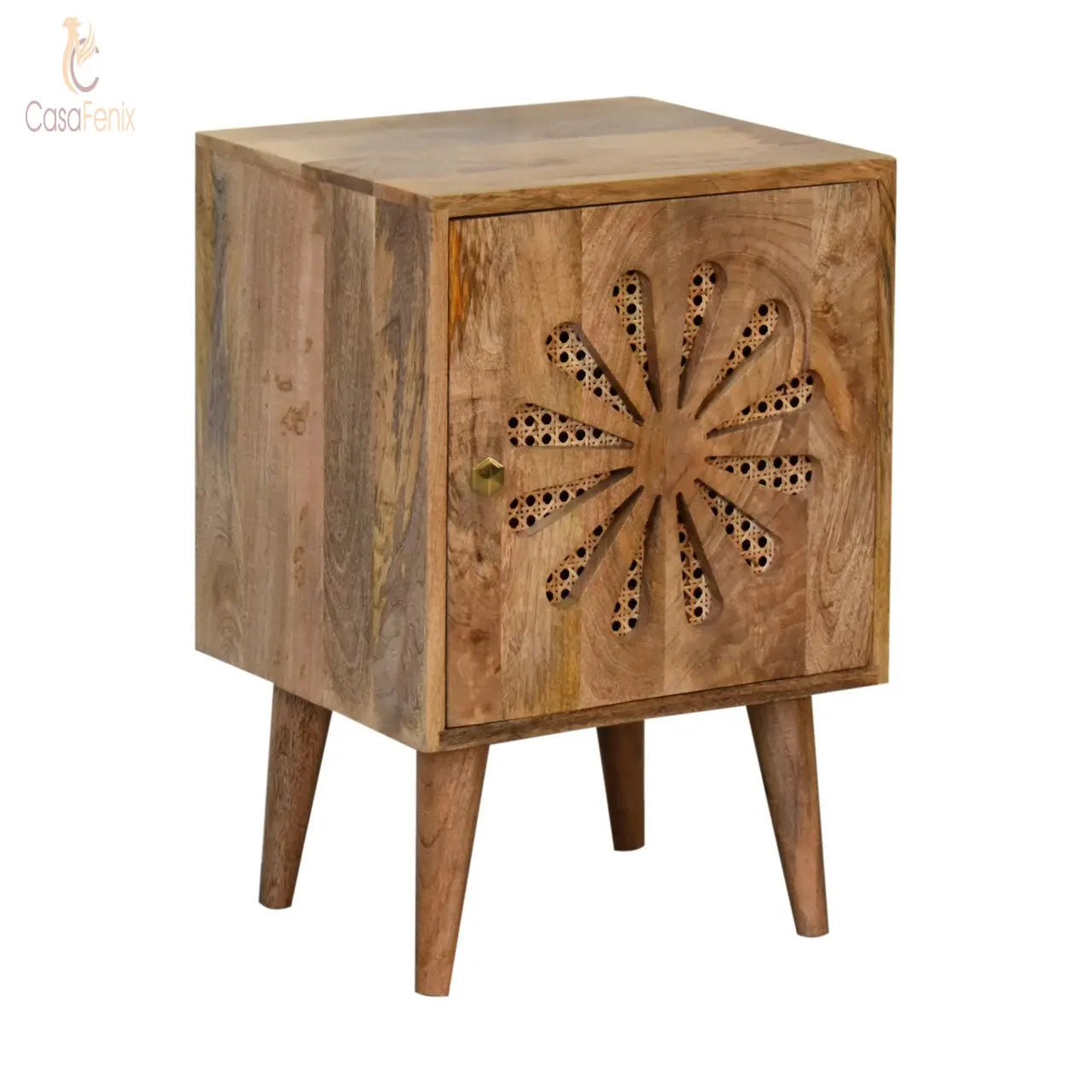 Rosalie Bedside Carved Door with Rattan Panels Nordic Design Mango Wood - CasaFenix