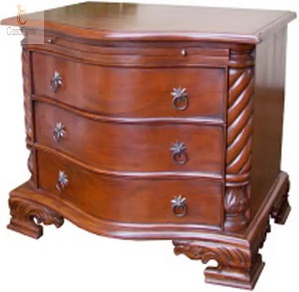 French Louis Bedside Table Three Drawer Serpentine Chest Solid Mahogany - CasaFenix
