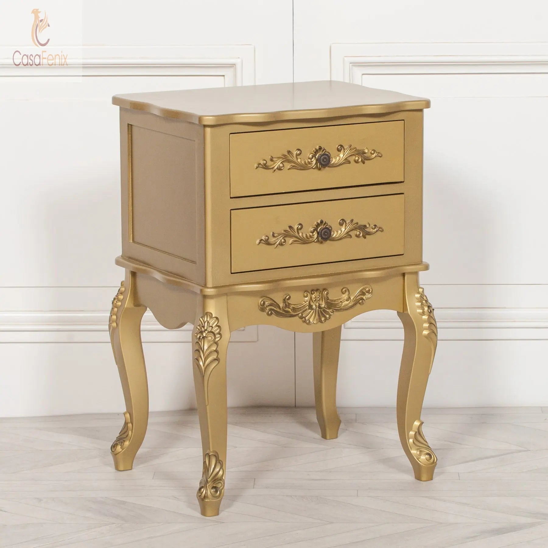 French Antique Gold Painted 2 Drawer Bedside Table French Rococo Style CasaFenix